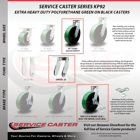 Service Caster 10 Inch Heavy Duty Green Poly on Metal Caster Swivel Lock/Brake 2 Rigid, 2PK SCC-KP92S1030-PUR-GB-SLB-BSL-2-R-2